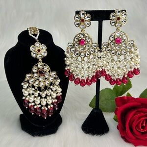Elegant Hot pink Stone And Pearls Earrings and Tikka Set